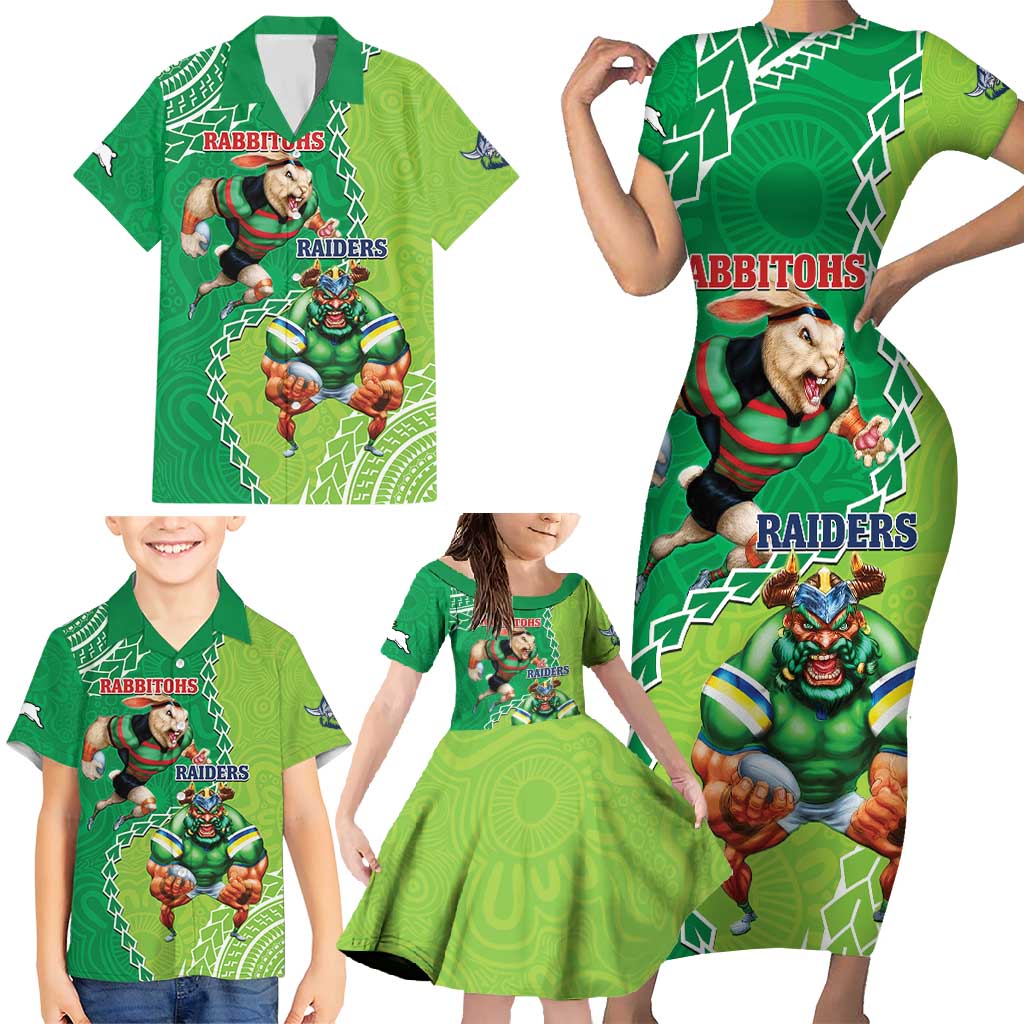 Personalised Rabbitohs And Raiders Rugby Family Matching Short Sleeve Bodycon Dress and Hawaiian Shirt Aboriginal Mix Polynesian Pattern