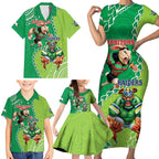 Personalised Rabbitohs And Raiders Rugby Family Matching Short Sleeve Bodycon Dress and Hawaiian Shirt Aboriginal Mix Polynesian Pattern