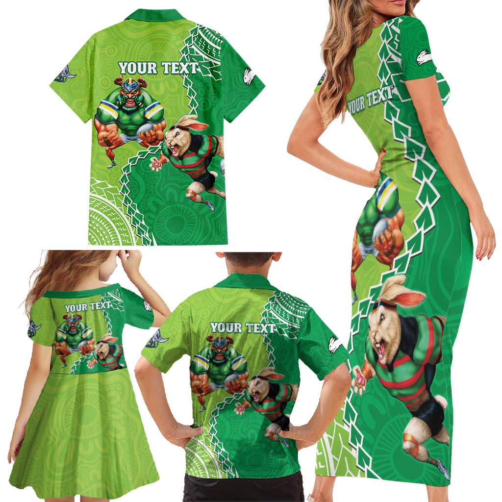 Personalised Rabbitohs And Raiders Rugby Family Matching Short Sleeve Bodycon Dress and Hawaiian Shirt Aboriginal Mix Polynesian Pattern