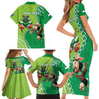 Personalised Rabbitohs And Raiders Rugby Family Matching Short Sleeve Bodycon Dress and Hawaiian Shirt Aboriginal Mix Polynesian Pattern