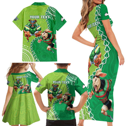 Personalised Rabbitohs And Raiders Rugby Family Matching Short Sleeve Bodycon Dress and Hawaiian Shirt Aboriginal Mix Polynesian Pattern