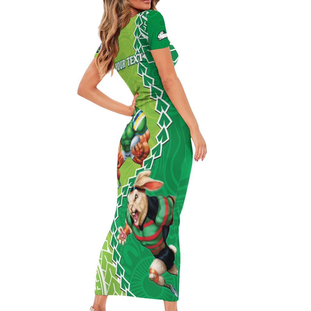 Personalised Rabbitohs And Raiders Rugby Family Matching Short Sleeve Bodycon Dress and Hawaiian Shirt Aboriginal Mix Polynesian Pattern
