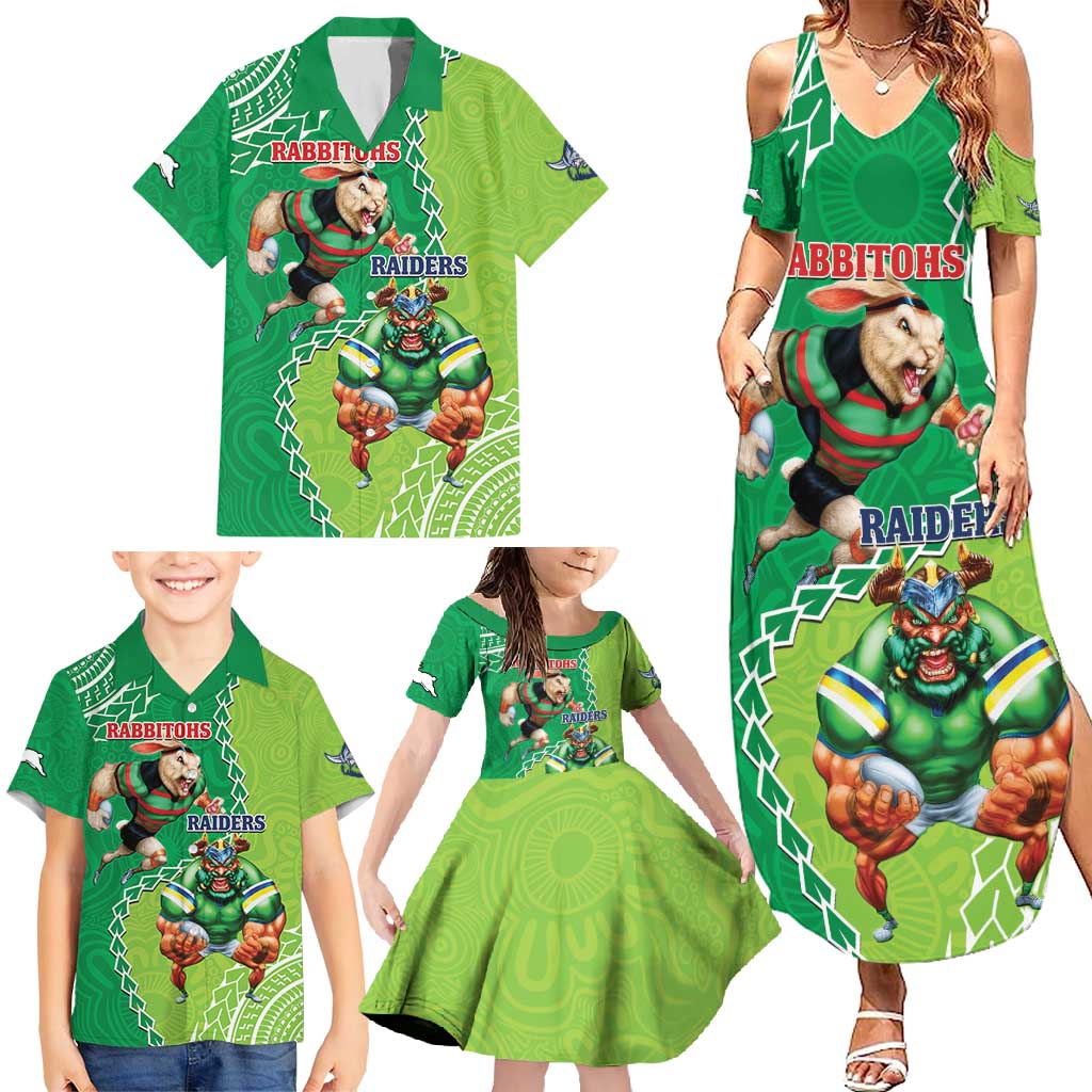 Personalised Rabbitohs And Raiders Rugby Family Matching Summer Maxi Dress and Hawaiian Shirt Aboriginal Mix Polynesian Pattern
