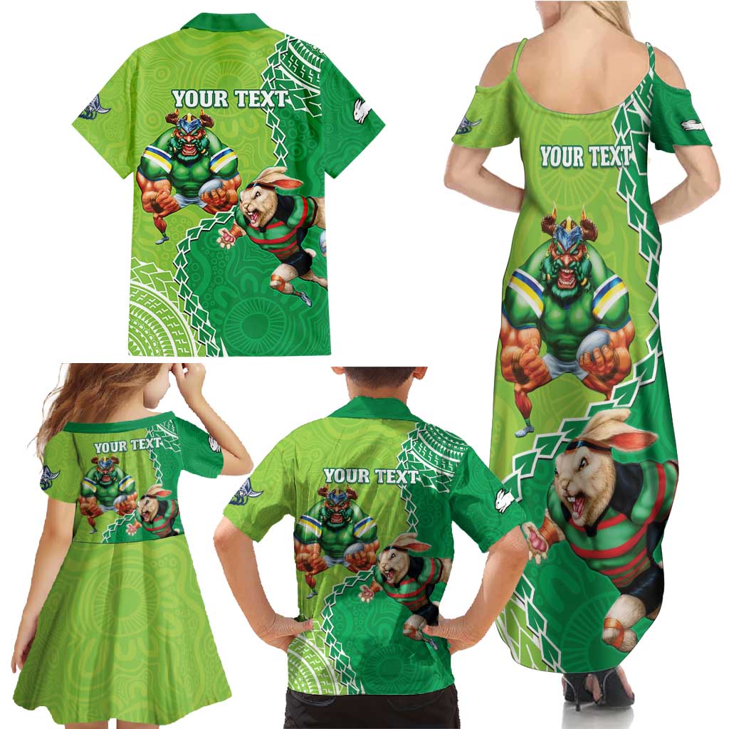 Personalised Rabbitohs And Raiders Rugby Family Matching Summer Maxi Dress and Hawaiian Shirt Aboriginal Mix Polynesian Pattern