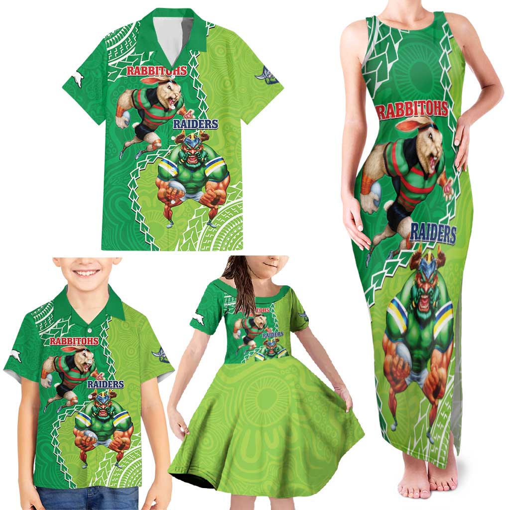 Personalised Rabbitohs And Raiders Rugby Family Matching Tank Maxi Dress and Hawaiian Shirt Aboriginal Mix Polynesian Pattern
