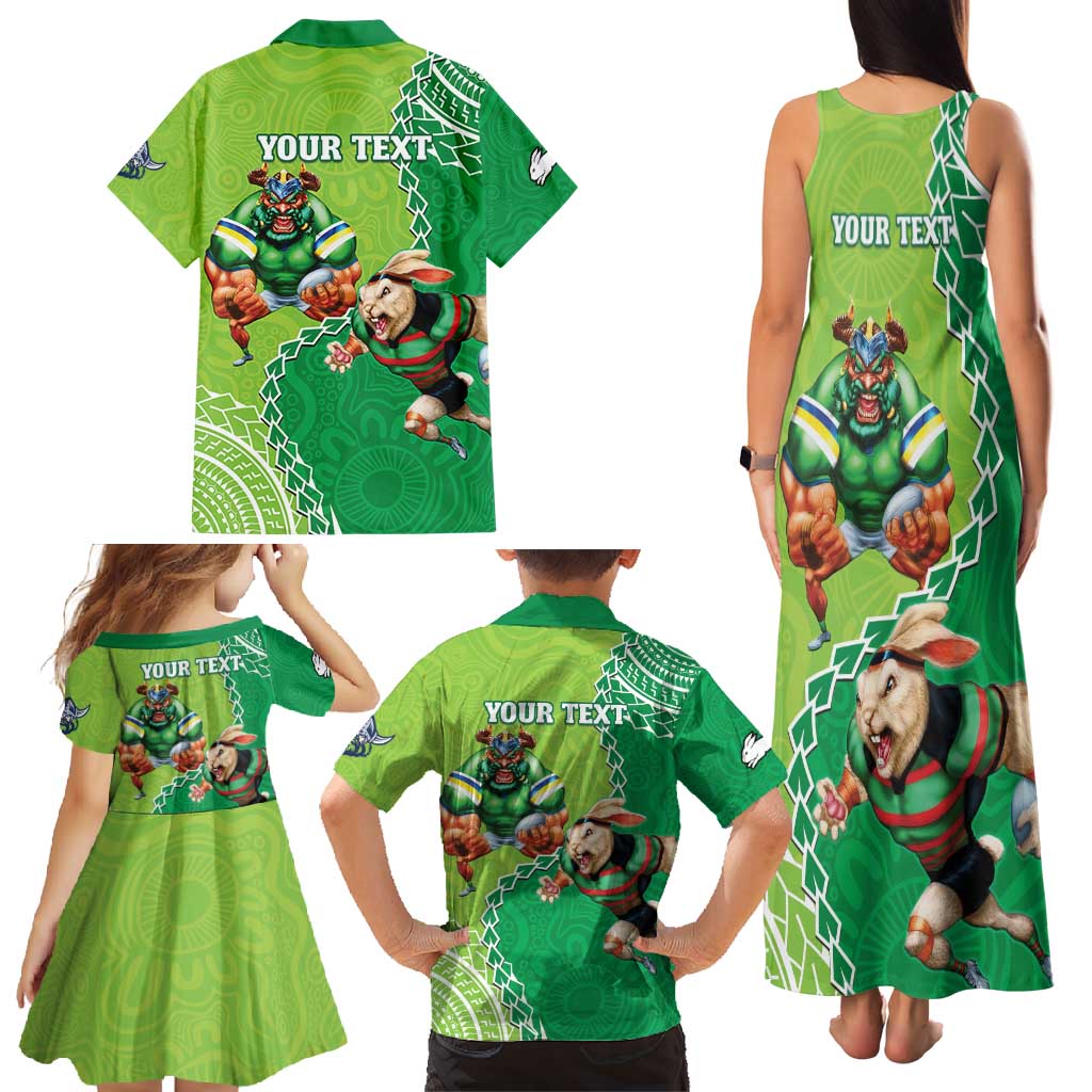 Personalised Rabbitohs And Raiders Rugby Family Matching Tank Maxi Dress and Hawaiian Shirt Aboriginal Mix Polynesian Pattern