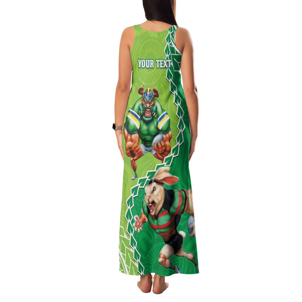 Personalised Rabbitohs And Raiders Rugby Family Matching Tank Maxi Dress and Hawaiian Shirt Aboriginal Mix Polynesian Pattern