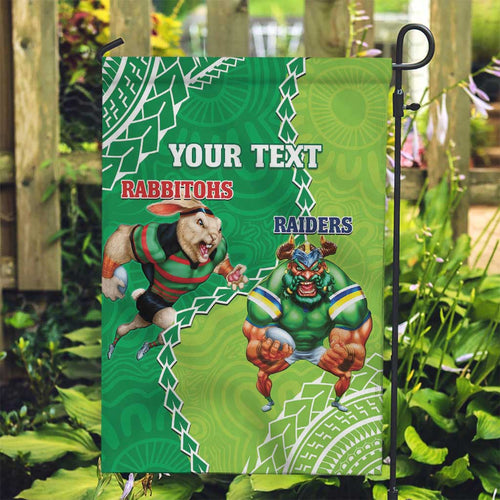 Personalised Rabbitohs And Raiders Rugby Garden Flag Aboriginal Mix Polynesian Pattern