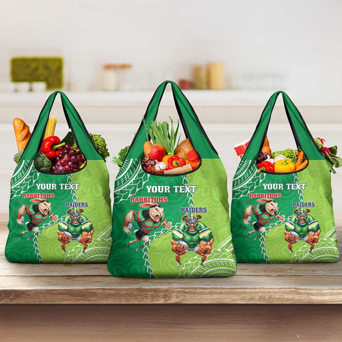 Personalised Rabbitohs And Raiders Rugby Grocery Bag Aboriginal Mix Polynesian Pattern