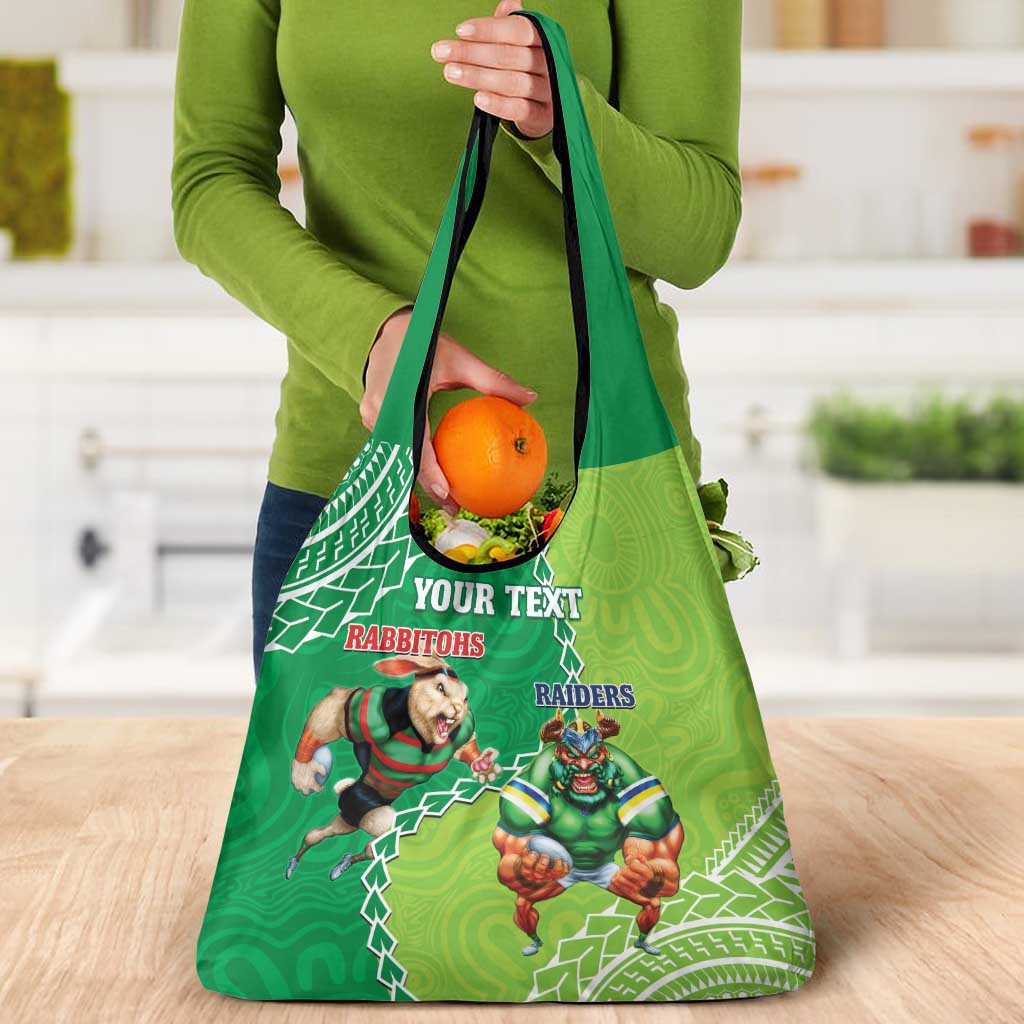 Personalised Rabbitohs And Raiders Rugby Grocery Bag Aboriginal Mix Polynesian Pattern