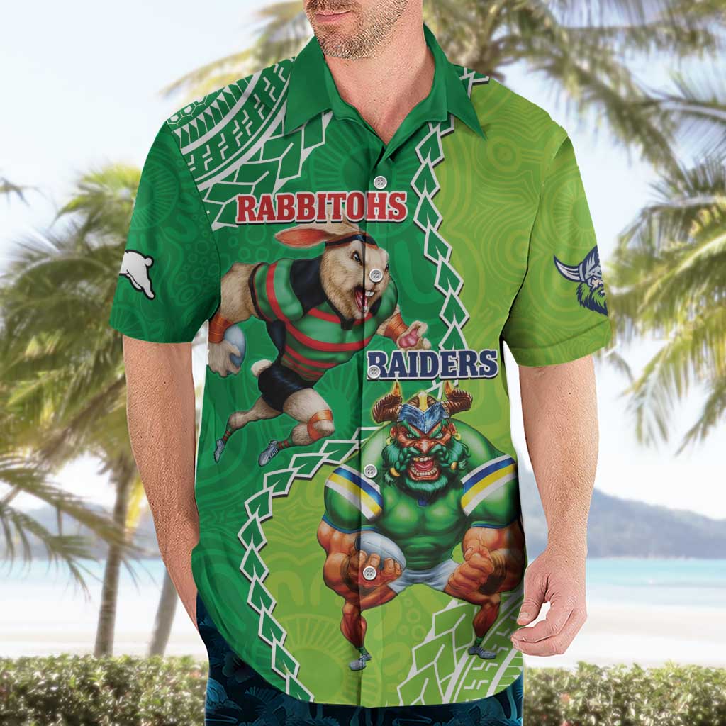 Personalised Rabbitohs And Raiders Rugby Hawaiian Shirt Aboriginal Mix Polynesian Pattern