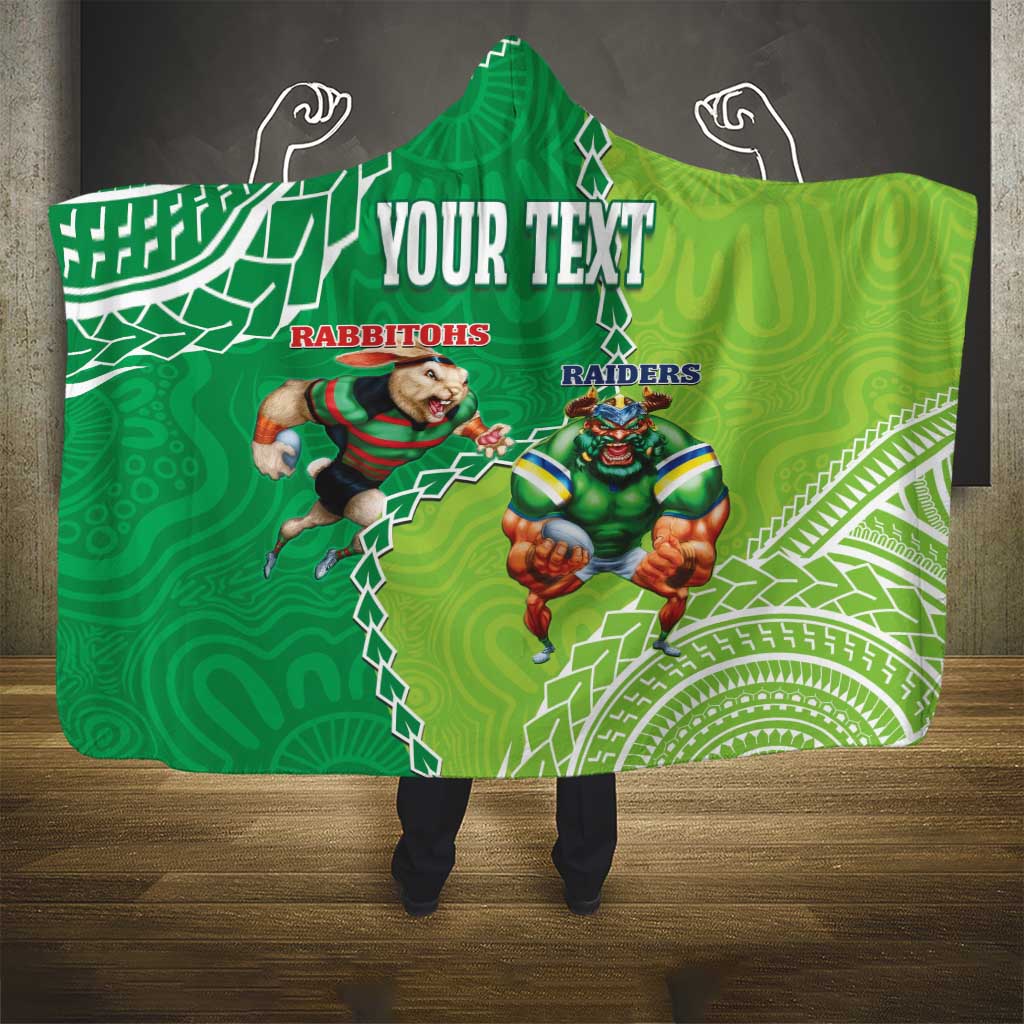 Personalised Rabbitohs And Raiders Rugby Hooded Blanket Aboriginal Mix Polynesian Pattern