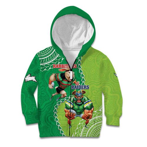 Personalised Rabbitohs And Raiders Rugby Kid Hoodie Aboriginal Mix Polynesian Pattern