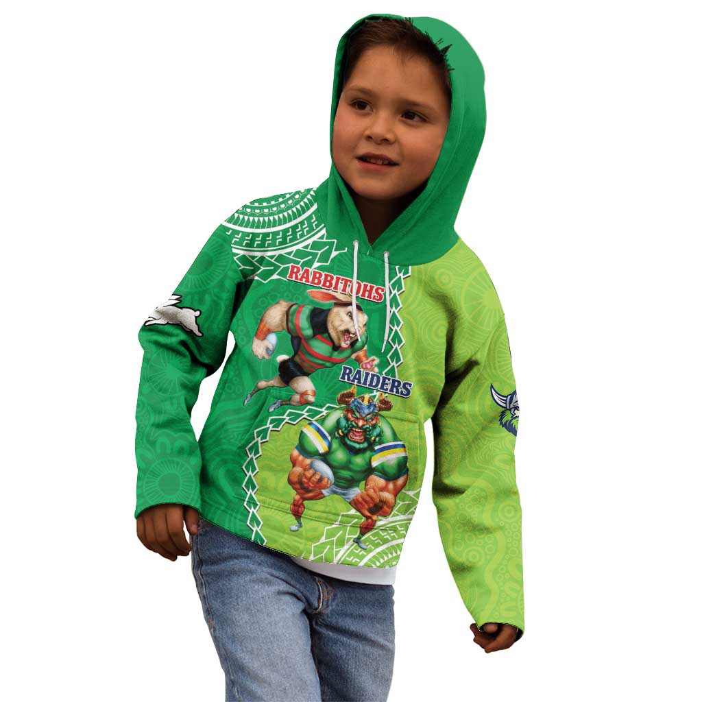 Personalised Rabbitohs And Raiders Rugby Kid Hoodie Aboriginal Mix Polynesian Pattern