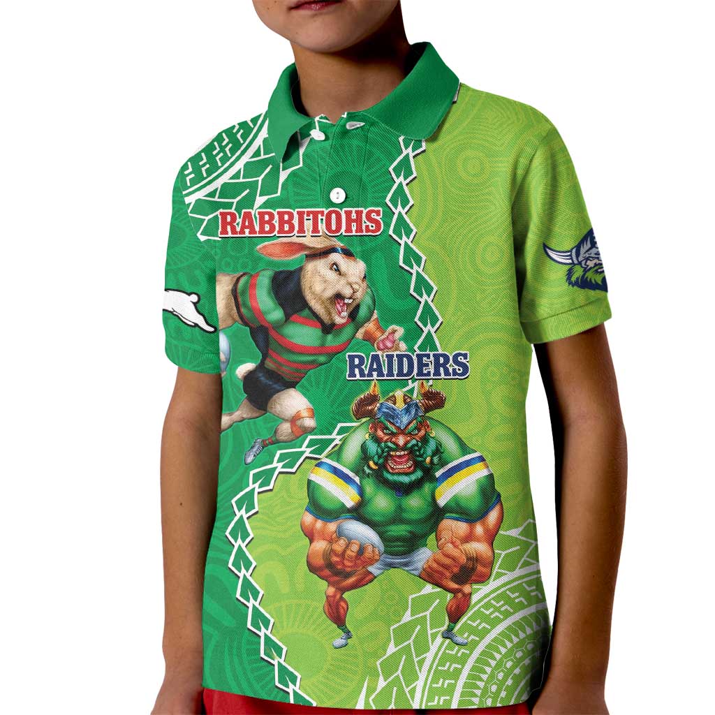 Personalised Rabbitohs And Raiders Rugby Kid Polo Shirt Aboriginal Mix Polynesian Pattern