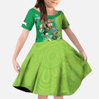 Personalised Rabbitohs And Raiders Rugby Kid Short Sleeve Dress Aboriginal Mix Polynesian Pattern