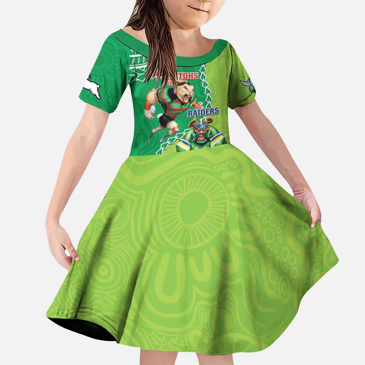 Personalised Rabbitohs And Raiders Rugby Kid Short Sleeve Dress Aboriginal Mix Polynesian Pattern