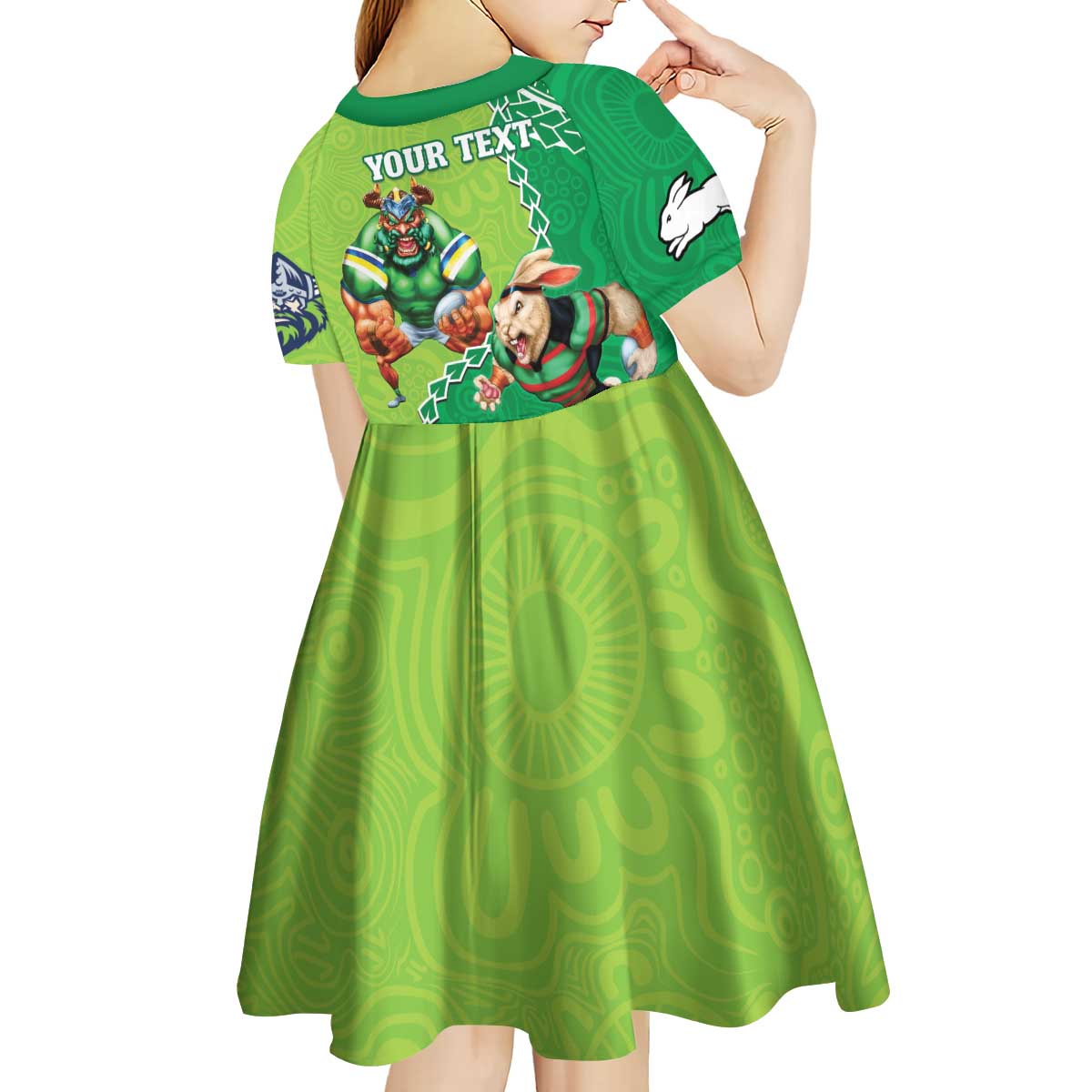 Personalised Rabbitohs And Raiders Rugby Kid Short Sleeve Dress Aboriginal Mix Polynesian Pattern