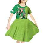 Personalised Rabbitohs And Raiders Rugby Kid Short Sleeve Dress Aboriginal Mix Polynesian Pattern