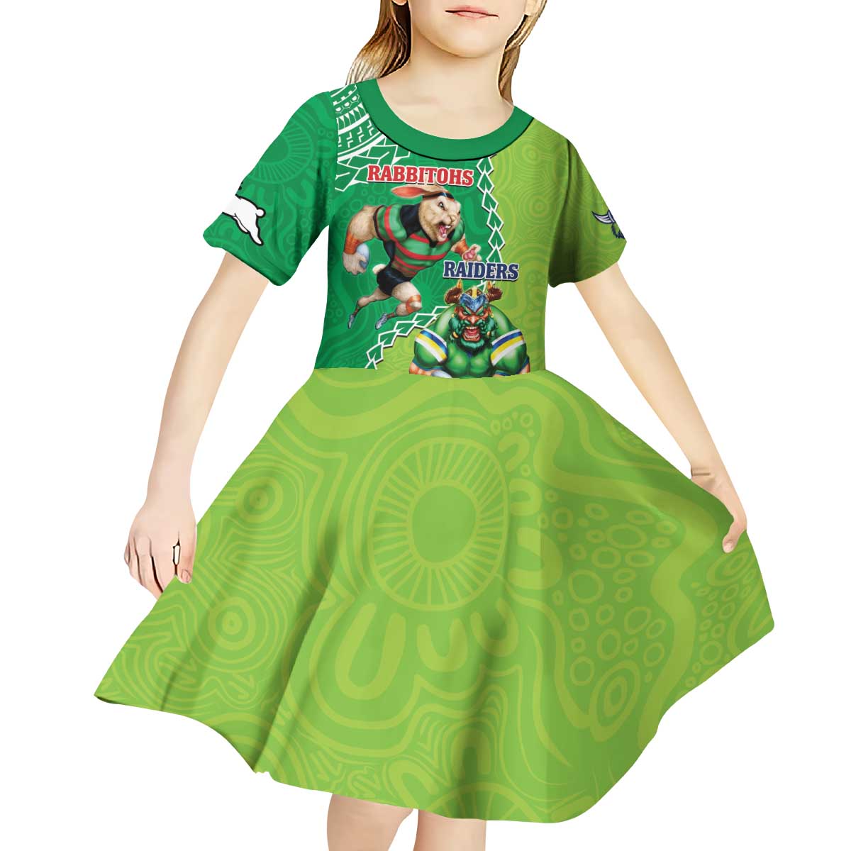 Personalised Rabbitohs And Raiders Rugby Kid Short Sleeve Dress Aboriginal Mix Polynesian Pattern