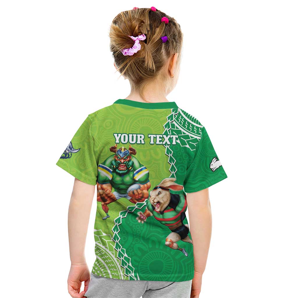 Personalised Rabbitohs And Raiders Rugby Kid T Shirt Aboriginal Mix Polynesian Pattern