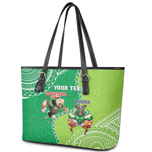 Personalised Rabbitohs And Raiders Rugby Leather Tote Bag Aboriginal Mix Polynesian Pattern