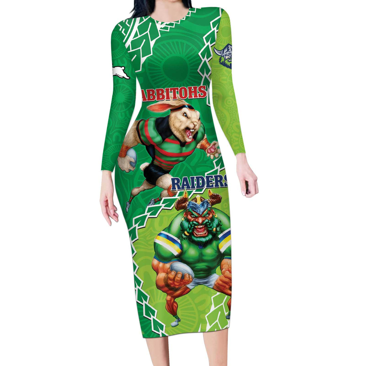 Personalised Rabbitohs And Raiders Rugby Long Sleeve Bodycon Dress Aboriginal Mix Polynesian Pattern