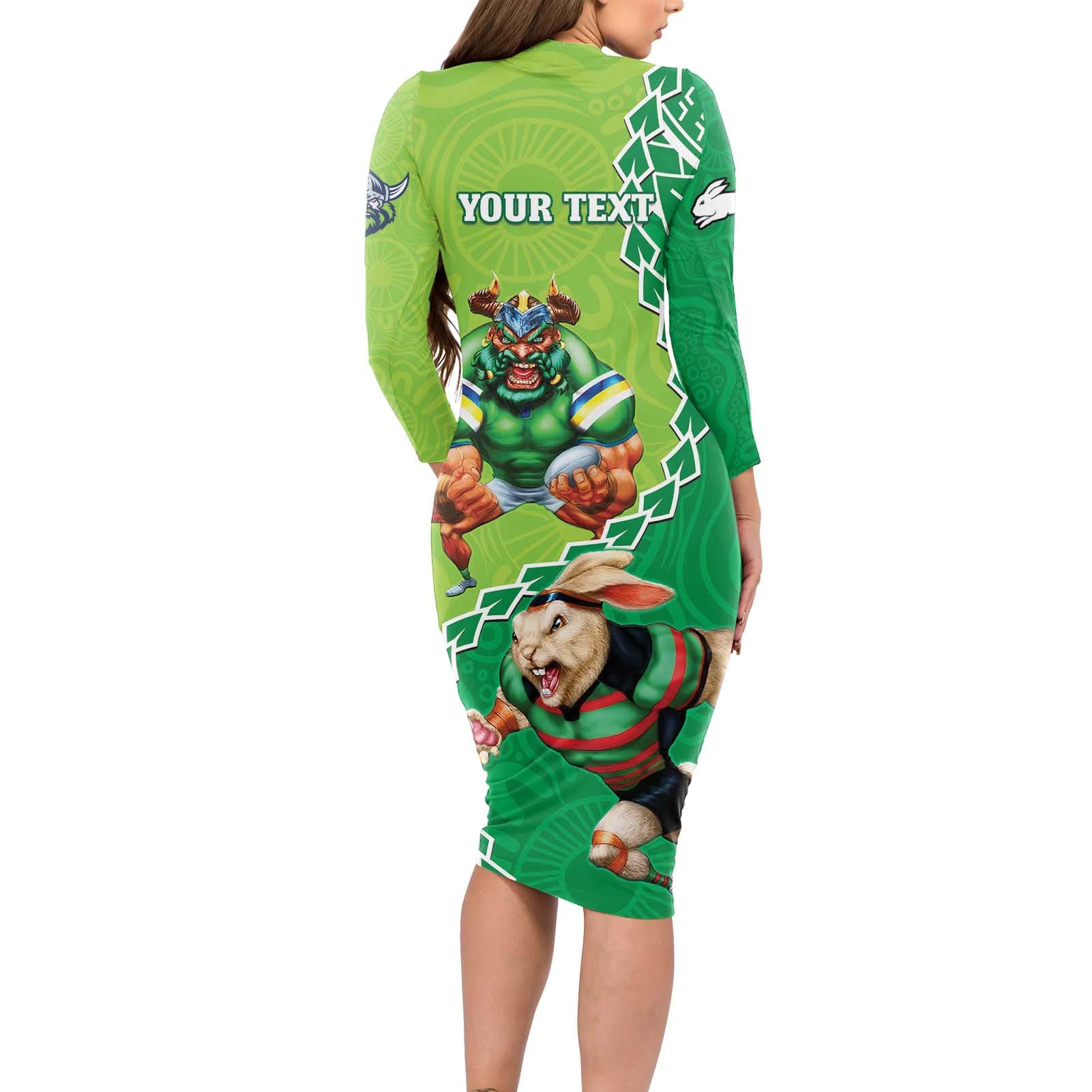 Personalised Rabbitohs And Raiders Rugby Long Sleeve Bodycon Dress Aboriginal Mix Polynesian Pattern