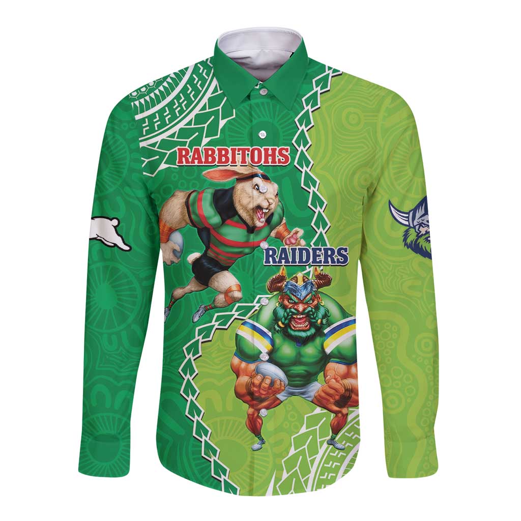Personalised Rabbitohs And Raiders Rugby Long Sleeve Button Shirt Aboriginal Mix Polynesian Pattern
