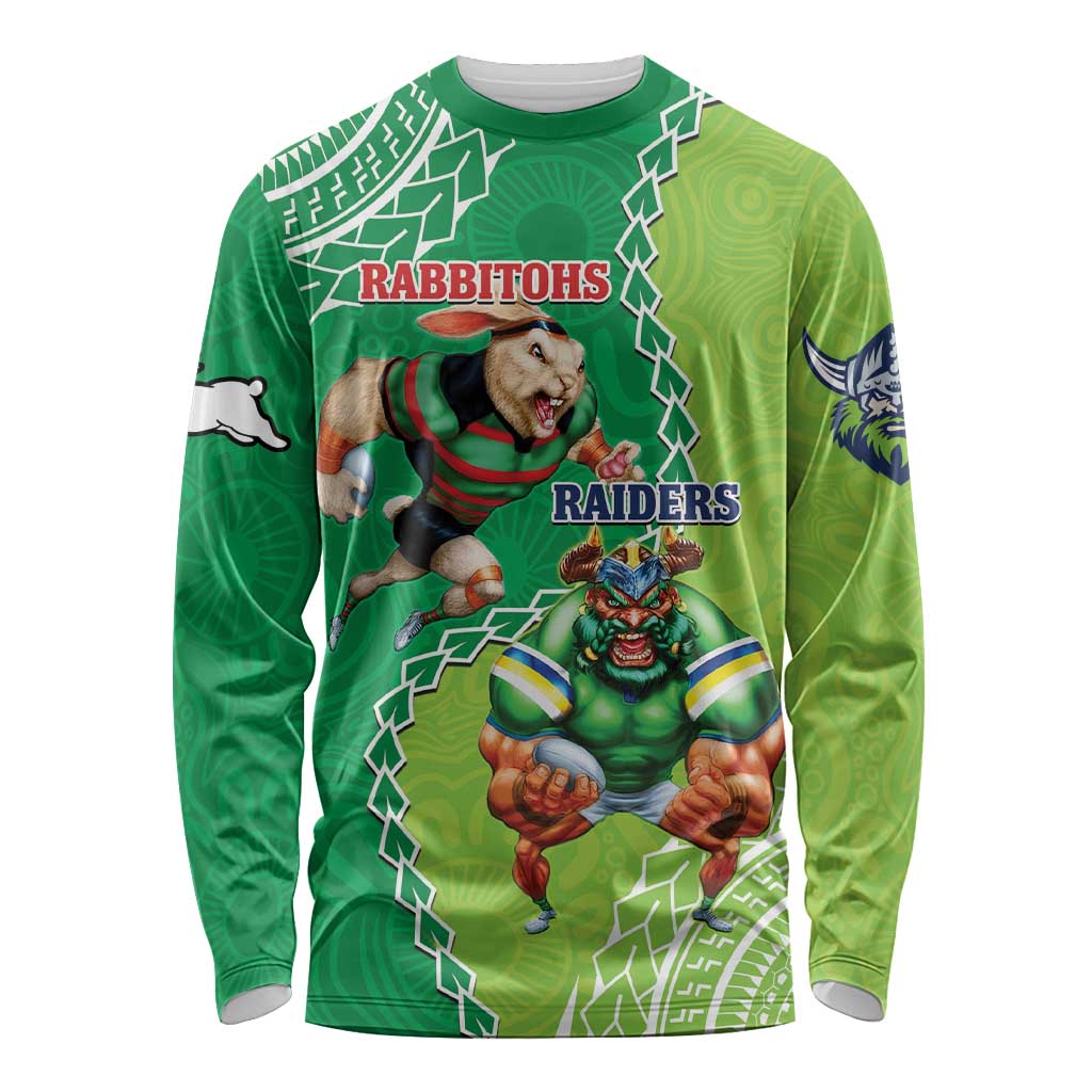 Personalised Rabbitohs And Raiders Rugby Long Sleeve Shirt Aboriginal Mix Polynesian Pattern