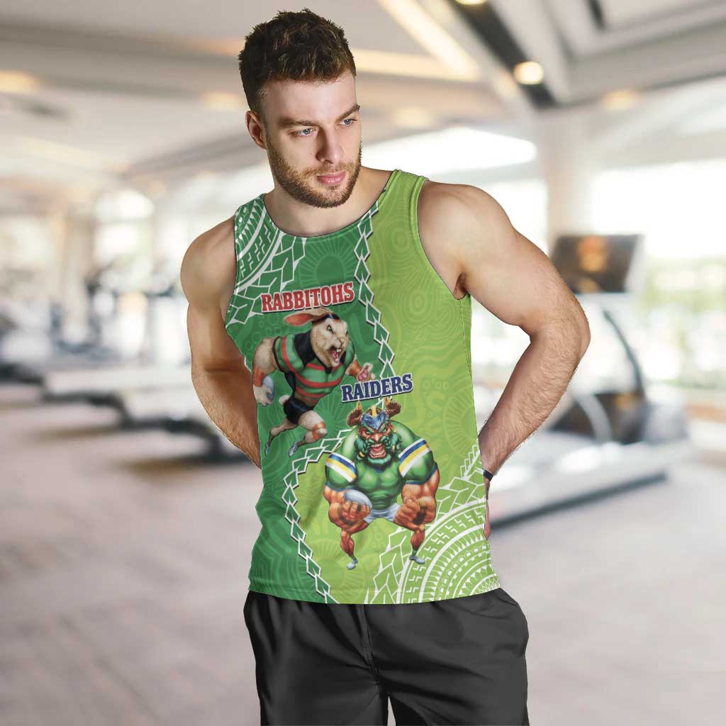 Personalised Rabbitohs And Raiders Rugby Men Tank Top Aboriginal Mix Polynesian Pattern