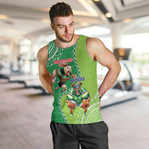 Personalised Rabbitohs And Raiders Rugby Men Tank Top Aboriginal Mix Polynesian Pattern