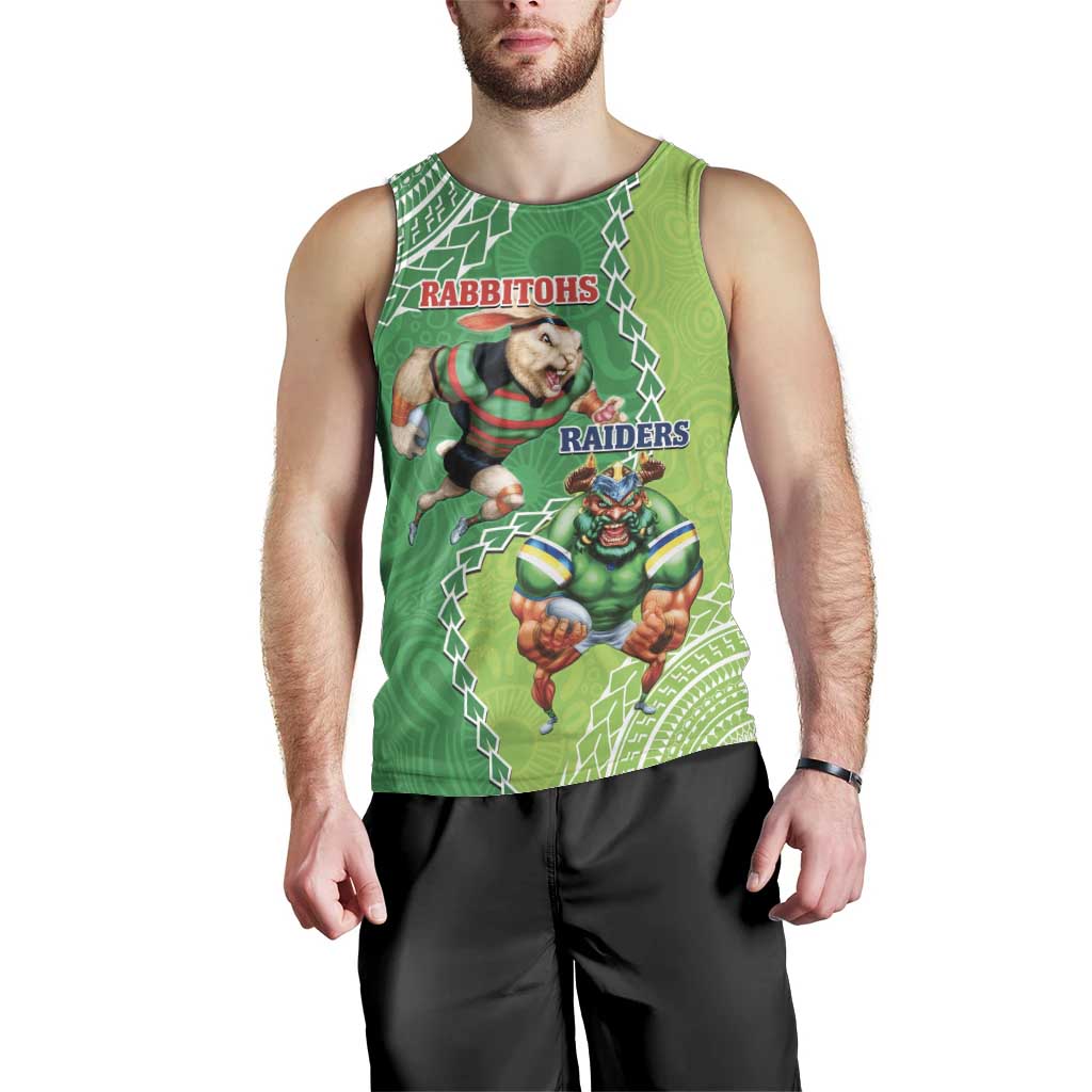 Personalised Rabbitohs And Raiders Rugby Men Tank Top Aboriginal Mix Polynesian Pattern