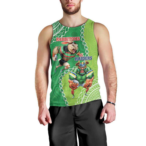 Personalised Rabbitohs And Raiders Rugby Men Tank Top Aboriginal Mix Polynesian Pattern