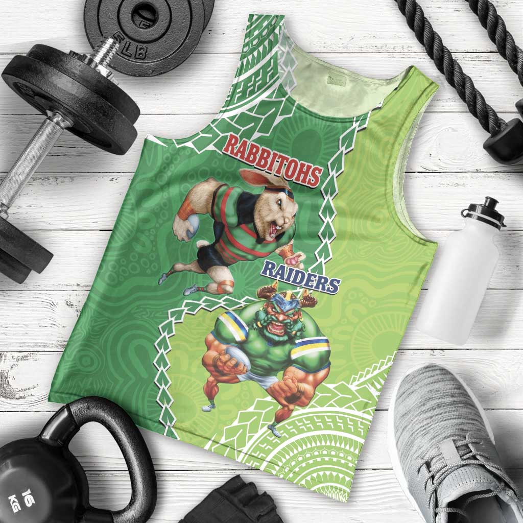 Personalised Rabbitohs And Raiders Rugby Men Tank Top Aboriginal Mix Polynesian Pattern