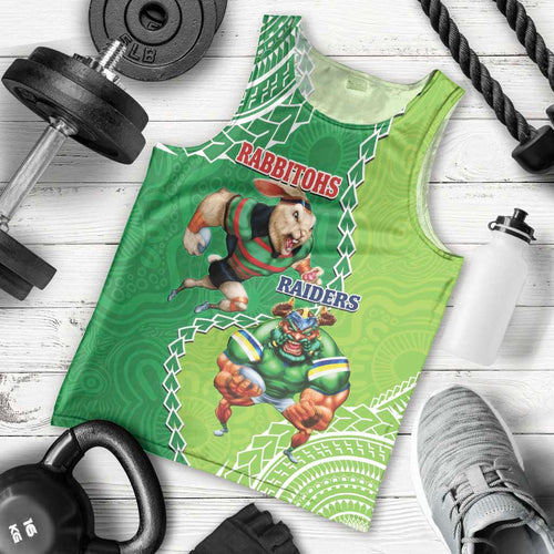 Personalised Rabbitohs And Raiders Rugby Men Tank Top Aboriginal Mix Polynesian Pattern