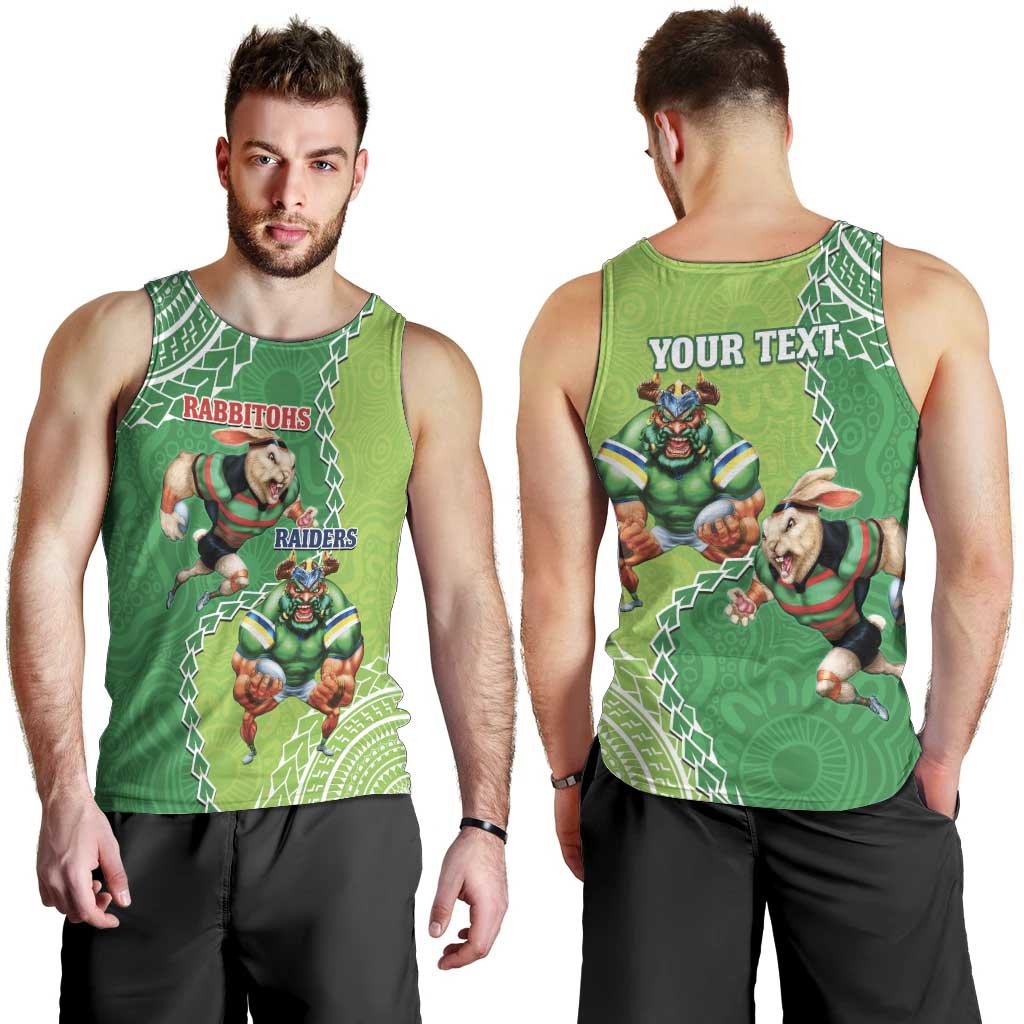 Personalised Rabbitohs And Raiders Rugby Men Tank Top Aboriginal Mix Polynesian Pattern