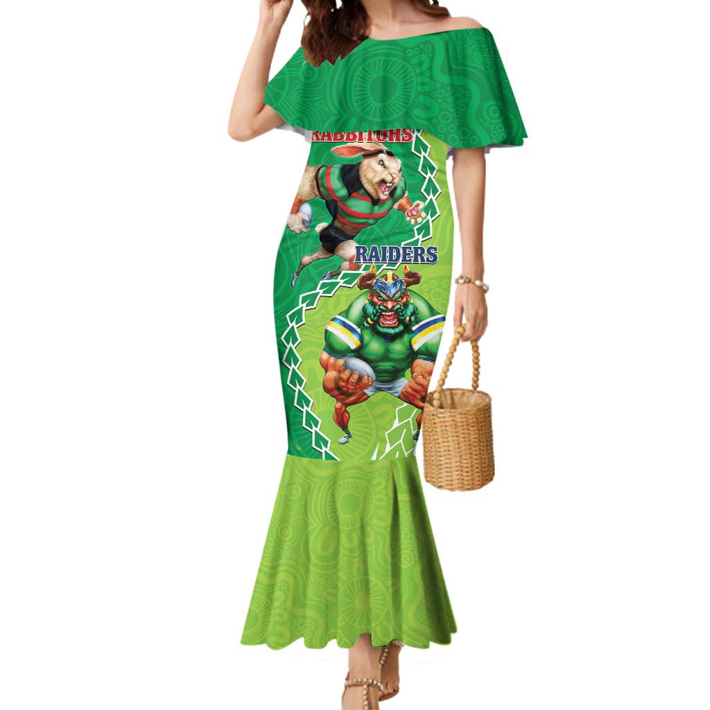 Personalised Rabbitohs And Raiders Rugby Mermaid Dress Aboriginal Mix Polynesian Pattern