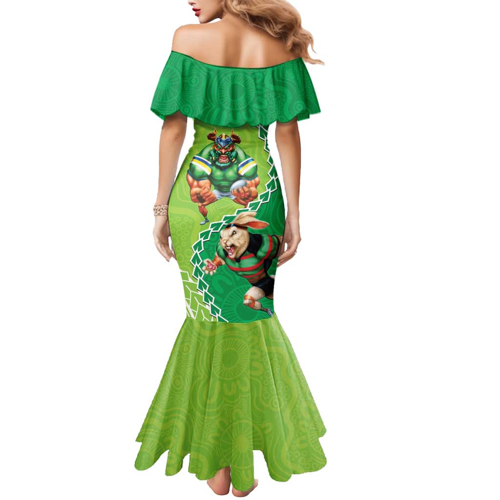 Personalised Rabbitohs And Raiders Rugby Mermaid Dress Aboriginal Mix Polynesian Pattern