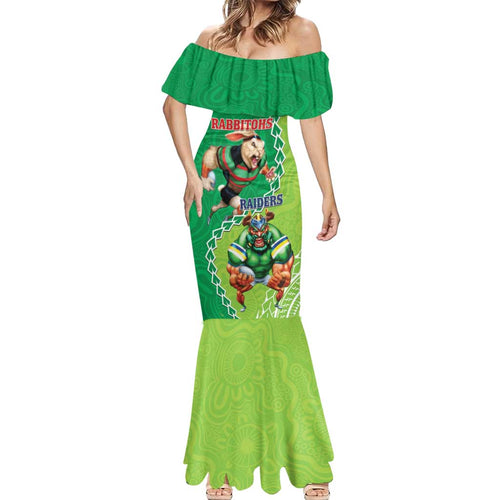 Personalised Rabbitohs And Raiders Rugby Mermaid Dress Aboriginal Mix Polynesian Pattern