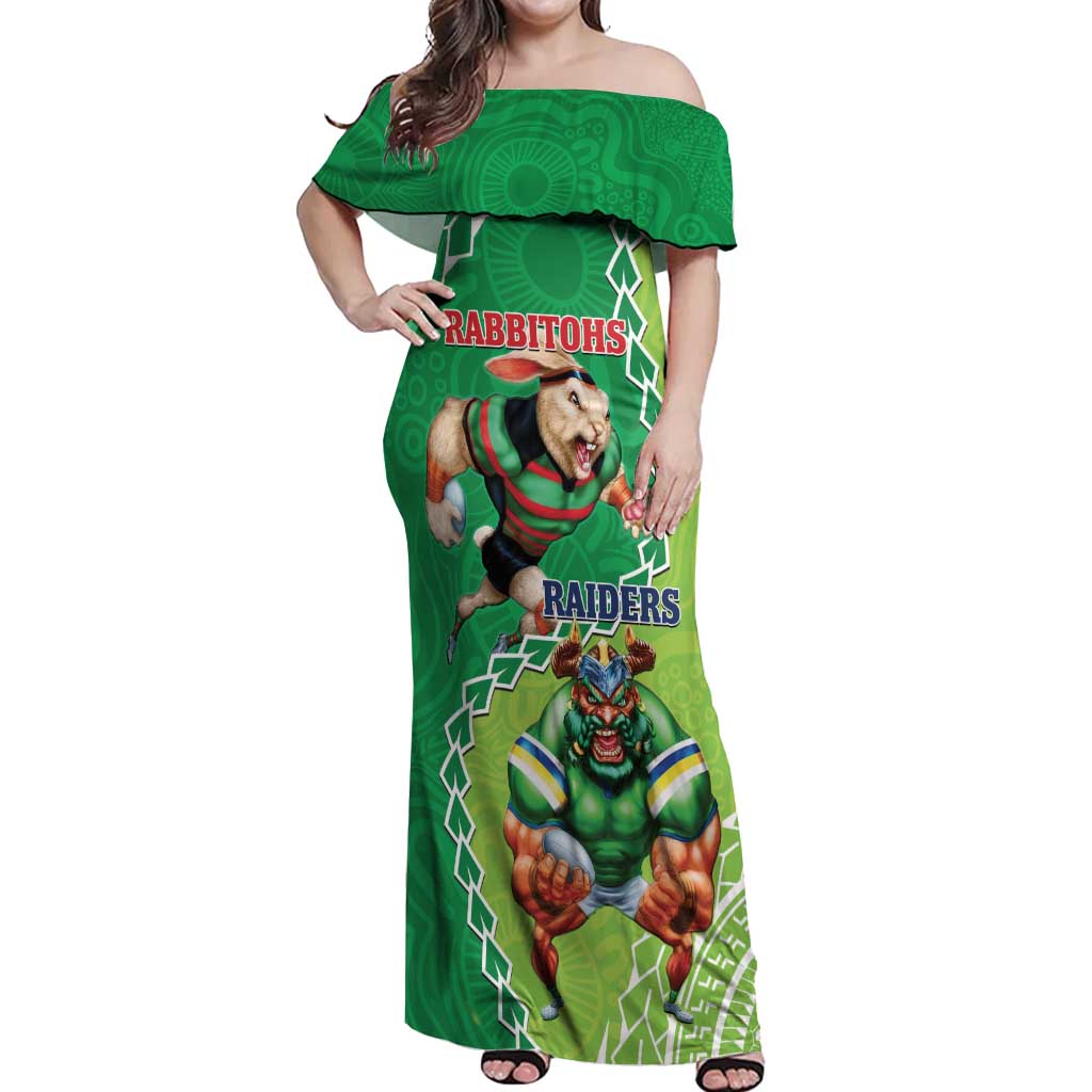 Personalised Rabbitohs And Raiders Rugby Off Shoulder Maxi Dress Aboriginal Mix Polynesian Pattern