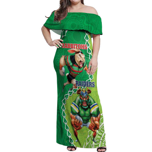 Personalised Rabbitohs And Raiders Rugby Off Shoulder Maxi Dress Aboriginal Mix Polynesian Pattern