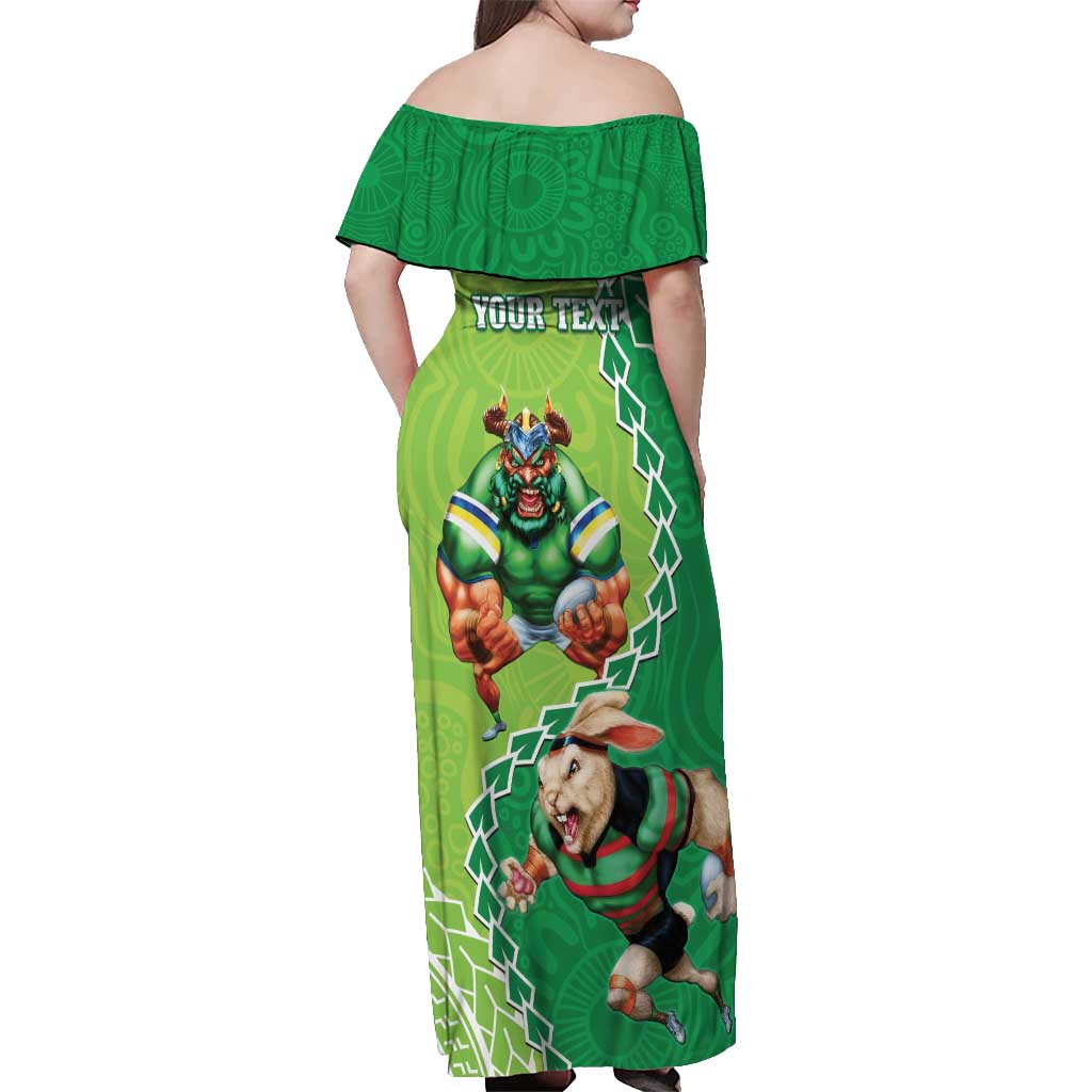 Personalised Rabbitohs And Raiders Rugby Off Shoulder Maxi Dress Aboriginal Mix Polynesian Pattern