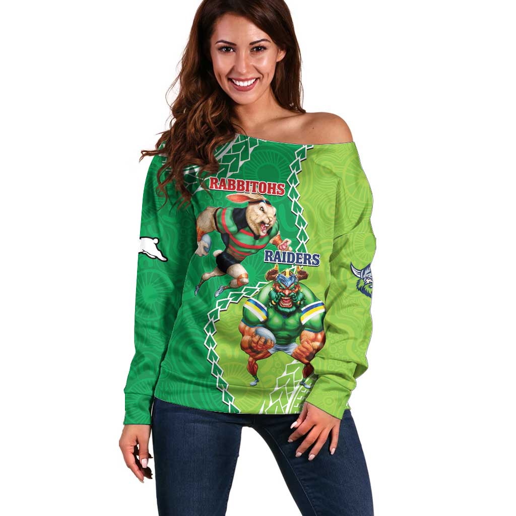 Personalised Rabbitohs And Raiders Rugby Off Shoulder Sweater Aboriginal Mix Polynesian Pattern