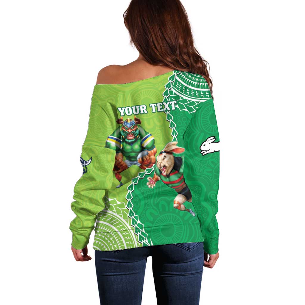 Personalised Rabbitohs And Raiders Rugby Off Shoulder Sweater Aboriginal Mix Polynesian Pattern