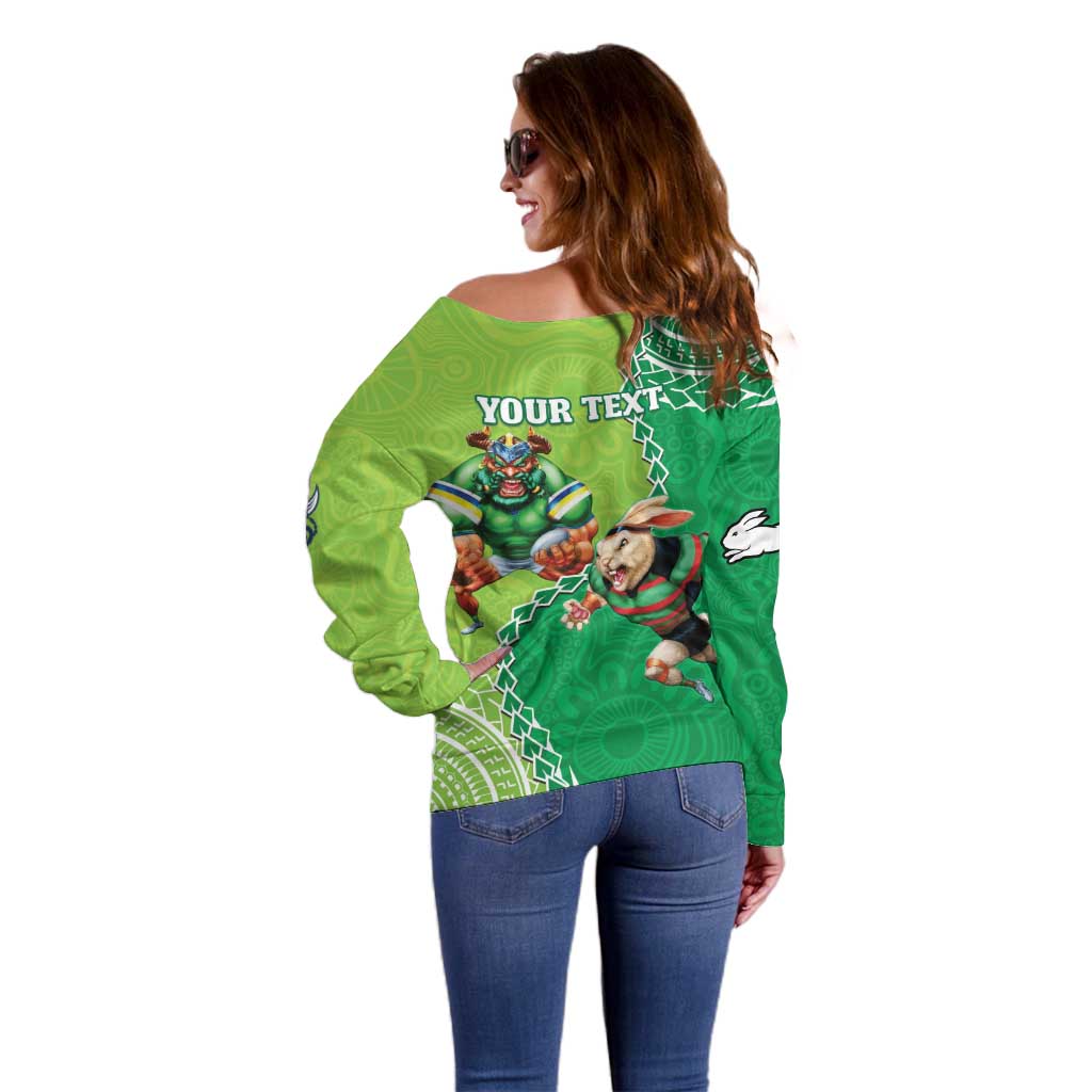 Personalised Rabbitohs And Raiders Rugby Off Shoulder Sweater Aboriginal Mix Polynesian Pattern
