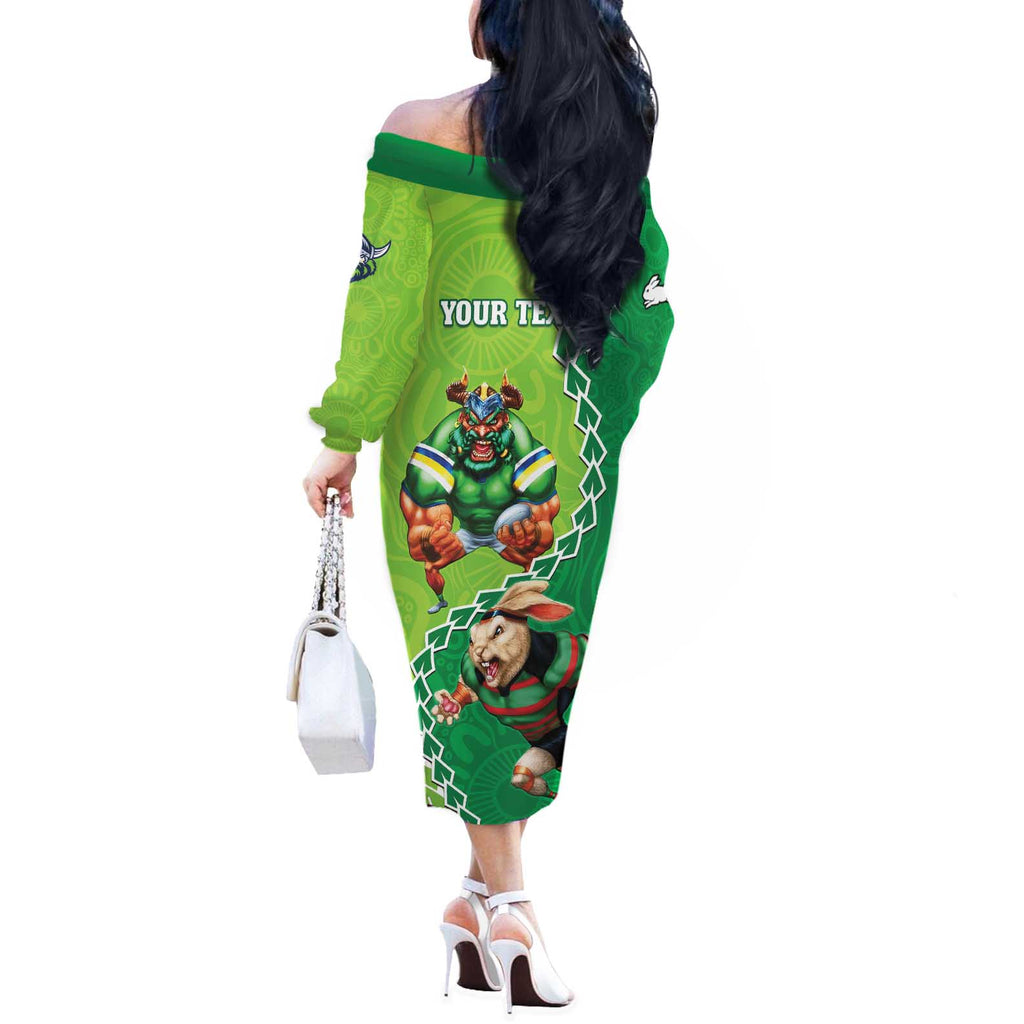 Personalised Rabbitohs And Raiders Rugby Off The Shoulder Long Sleeve Dress Aboriginal Mix Polynesian Pattern