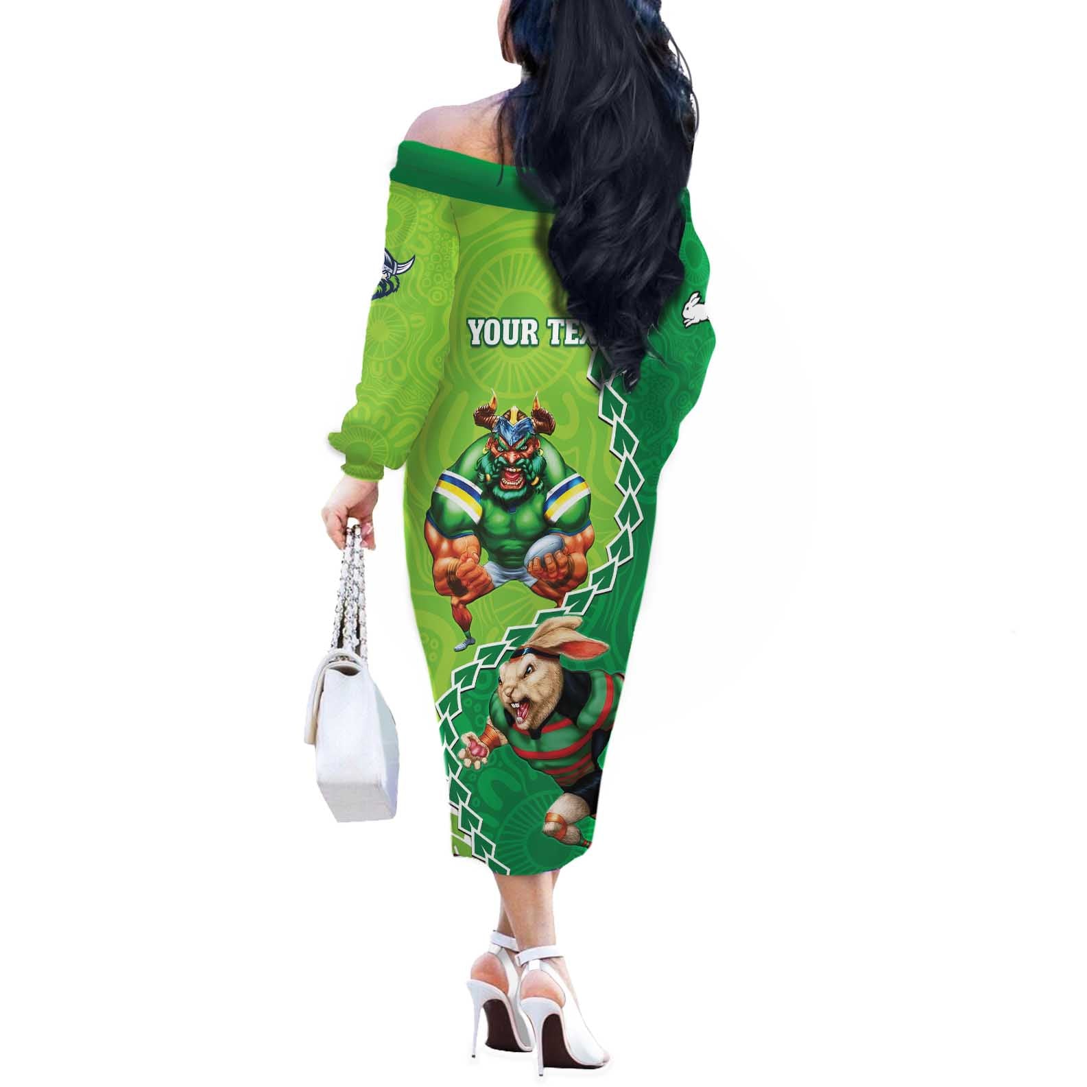 Personalised Rabbitohs And Raiders Rugby Off The Shoulder Long Sleeve Dress Aboriginal Mix Polynesian Pattern