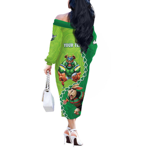 Personalised Rabbitohs And Raiders Rugby Off The Shoulder Long Sleeve Dress Aboriginal Mix Polynesian Pattern