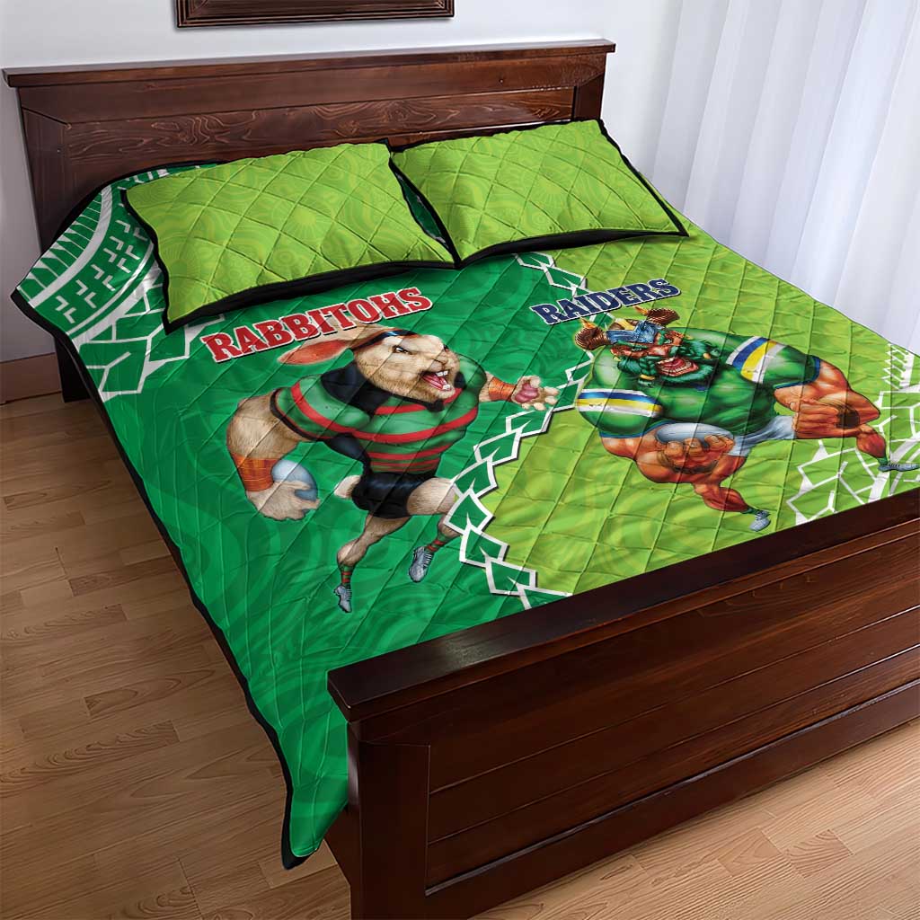 Personalised Rabbitohs And Raiders Rugby Quilt Bed Set Aboriginal Mix Polynesian Pattern